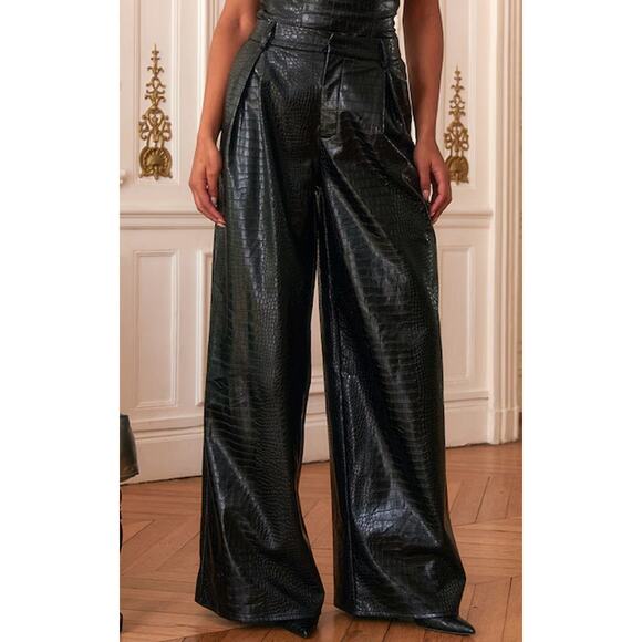 PLT Label Women's Black Croc Faux Leather Wide Leg Tailored Pants Size 2 - Picture 2 of 10